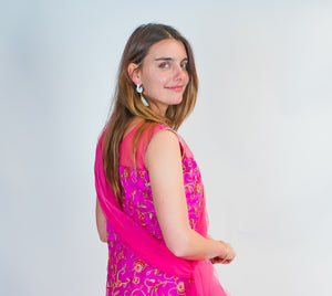 Vibrant Pink Fuchsia Silk Embroidered Gown