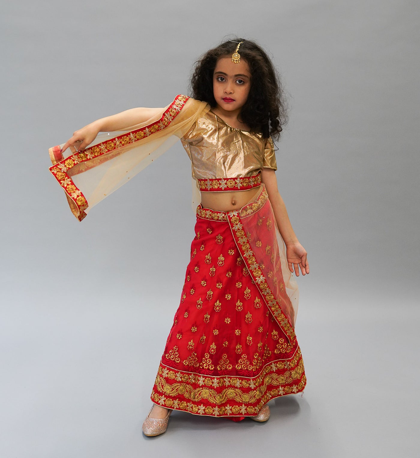 Kinder Kids Girls Red & Turquoise Blue Embroidered Ready to Wear Lehenga &  Blouse With Dupatta - Absolutely Desi