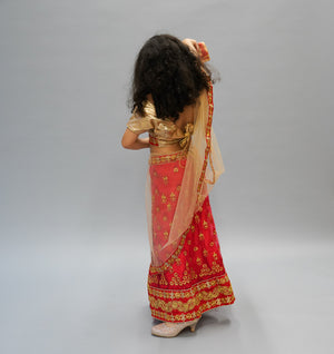 Silk and Net Embroidered Red And Gold Children Lehenga