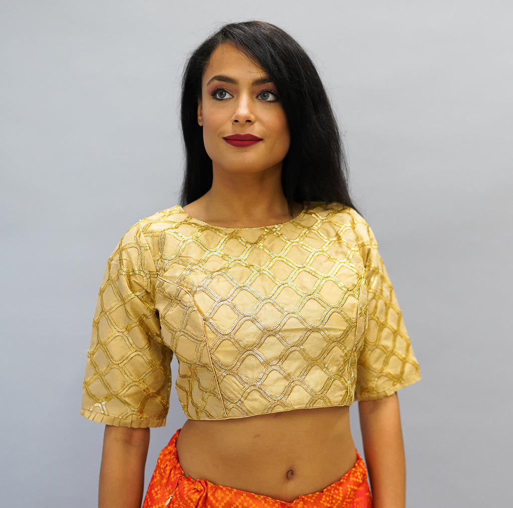 Formal Embroidered Silk Laguna Yellow Gold Crop Top with Three Quarter Sleeves