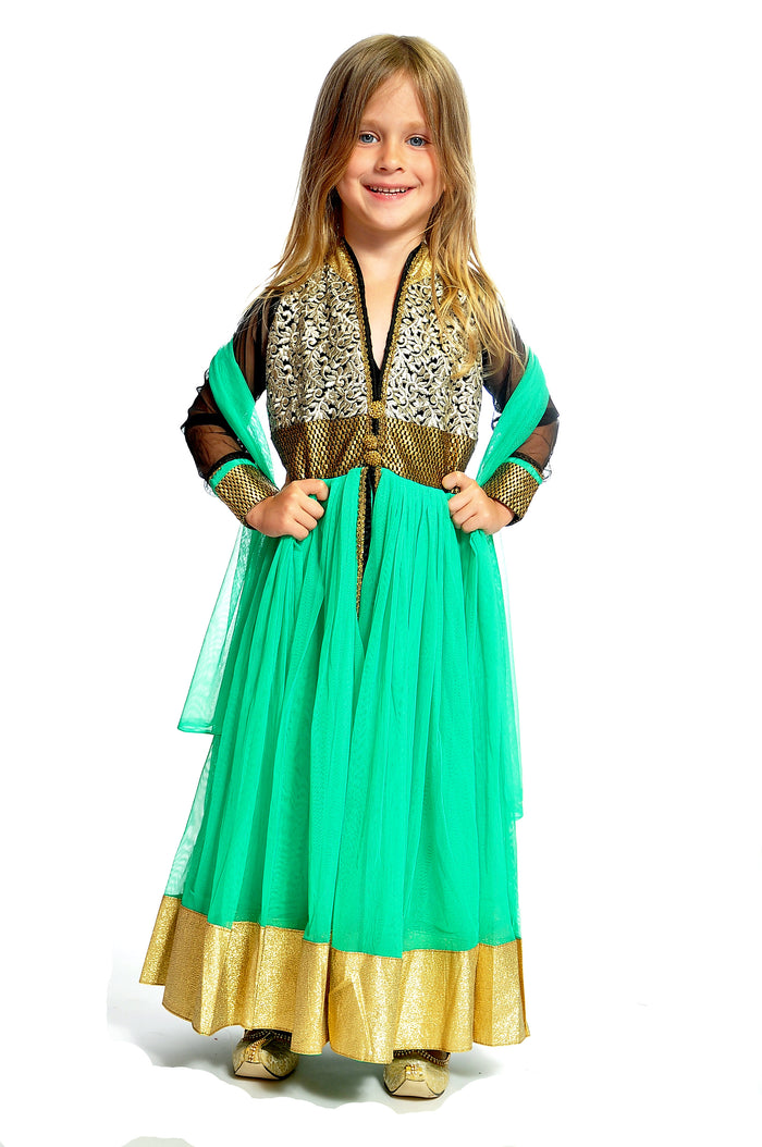 Teal and Gold Silk and Chiffon Girls Dress/Gown