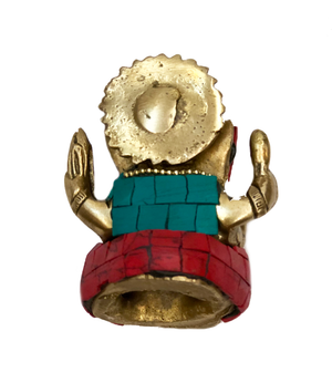 Brass Ganesha Turquoise Coral Mosaic Statue