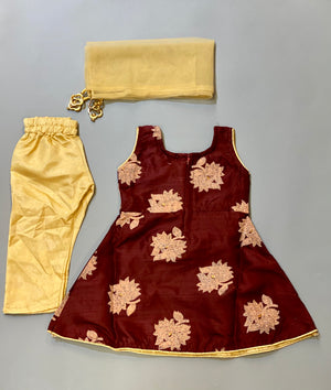 Silk Embroidered  Cinnamon Brown With Tawny Brown Flowers Girl's Salwar Suit