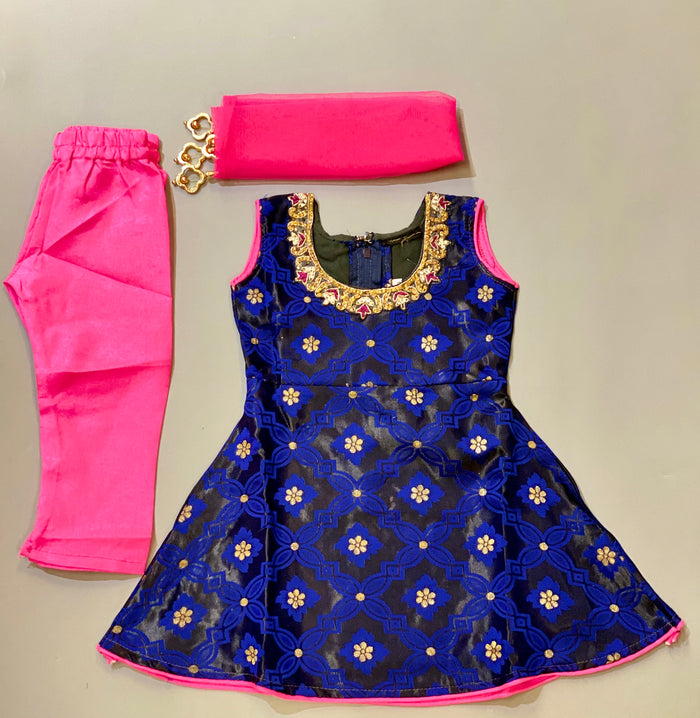 Banarasi Silk Royal Blue With Crow Kids Salwar Suit