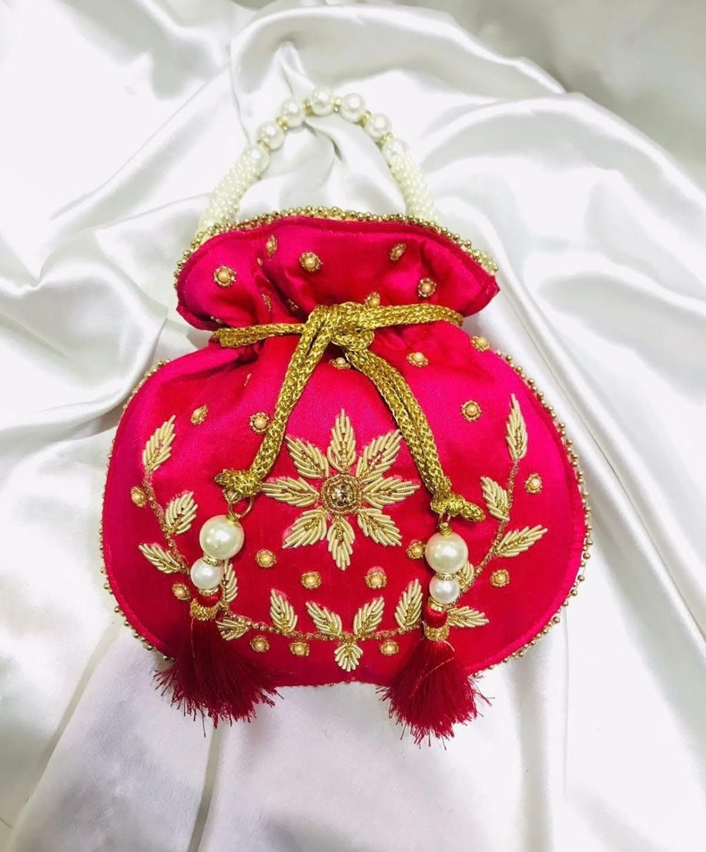 Fuschia pink Embroidered Potli Bag