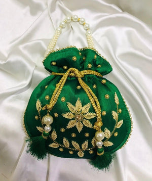 Green with gold Embroidered Potli Bag
