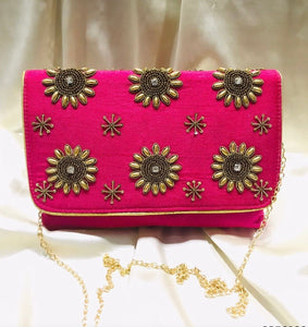 Fuchsia Pink with Gold Embroidery Clutch Sling Bag