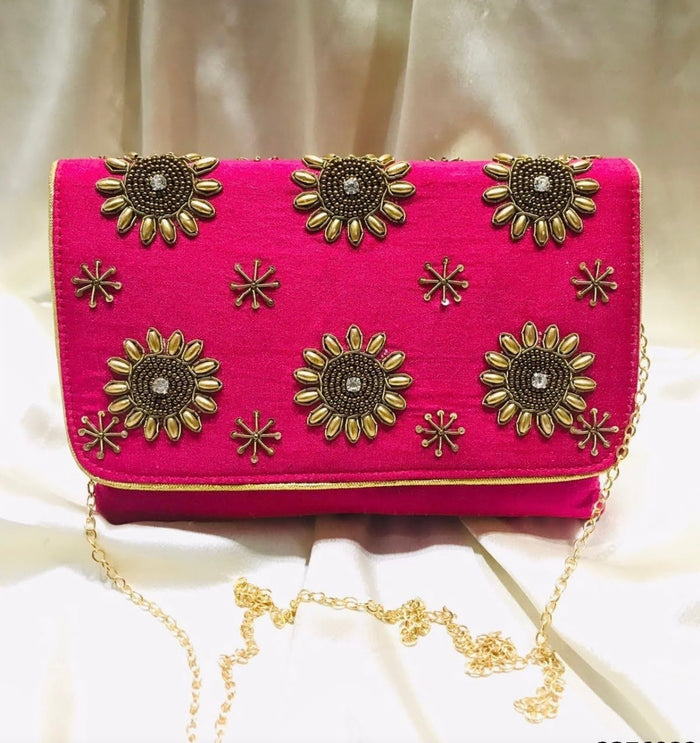Fuchsia Pink with Gold Embroidery Clutch Sling Bag