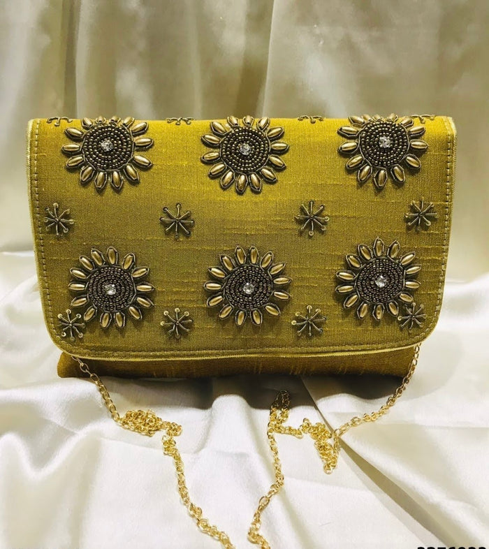 Mustard with Gold Embroidery Clutch Sling Bag