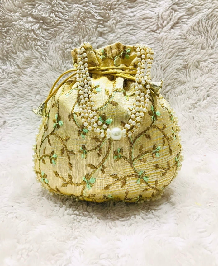Gold with Green Embroidery Potli Bag