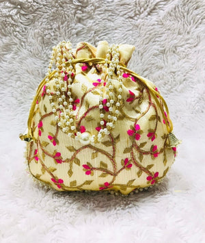Gold with Pink Embroidery Potli Bag