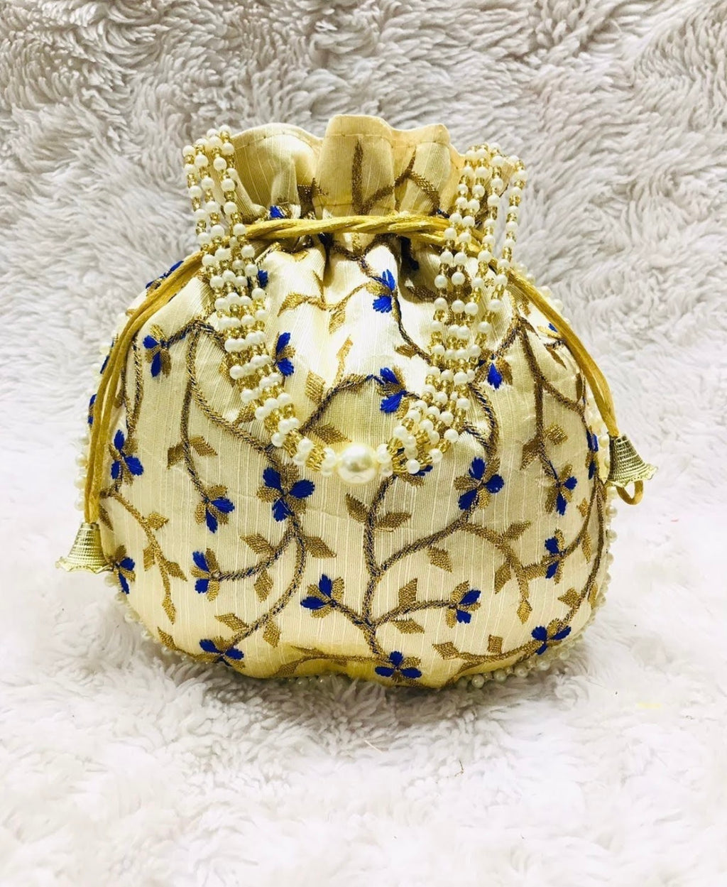 Gold with Blue Embroidery Potli Bag