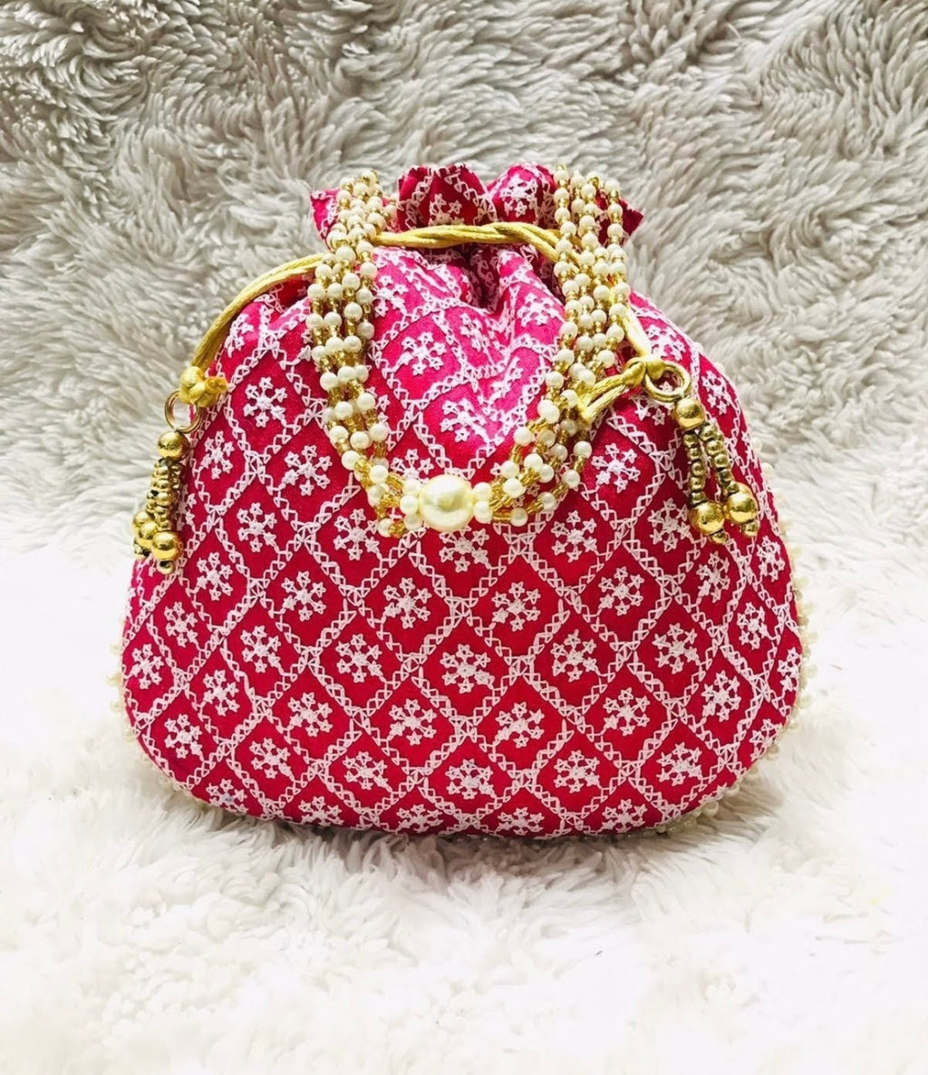 Pink with White Embroidery Potli Bag