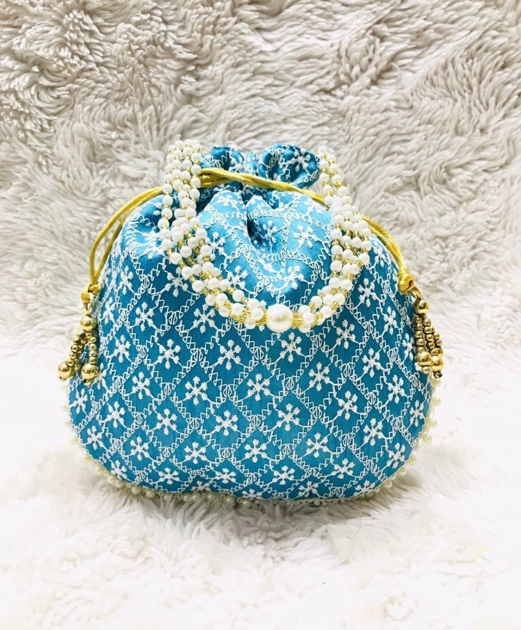 Blue with White Embroidery Potli Bag