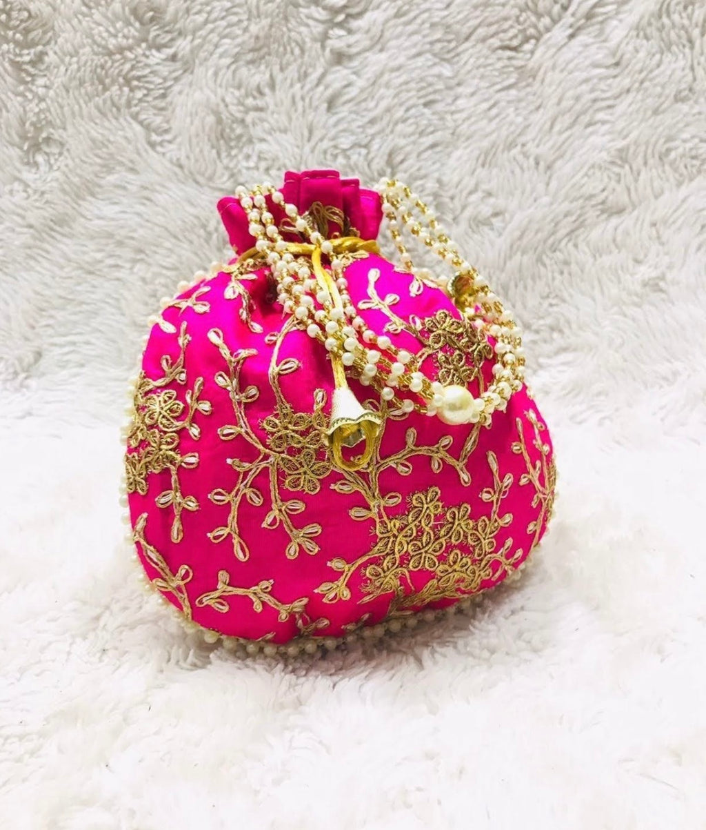 Fuchsia Pink with Gold Embroidery Potli Bag