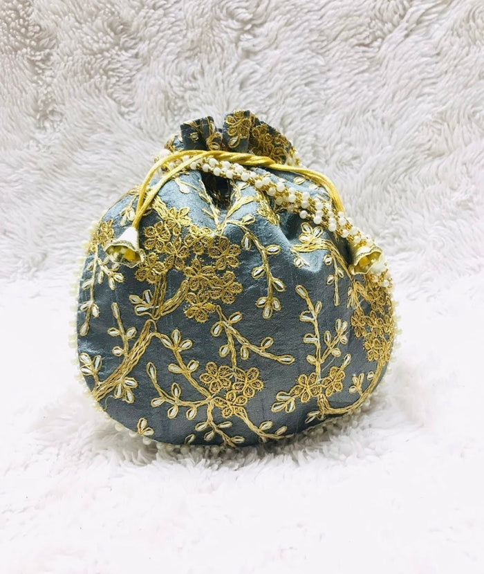 Grey with Gold Embroidery Potli Bag
