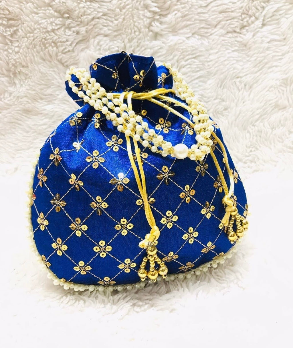 Blue with Gold Embroidery Potli Bag