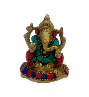 Brass Ganesha With Turquoise And Coral Mosaic Statue