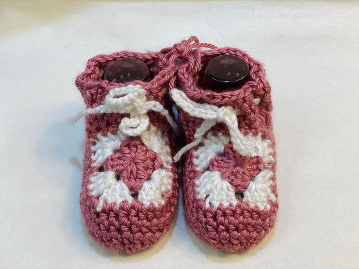 Handmade Crochet Pink & White Mini Granny Square Baby Booties