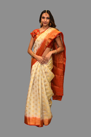 Silk Printed Off White With Contrast Red Border Saree