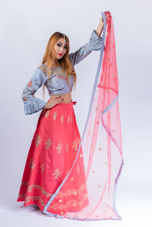 Silk Punch Pink With Lava Grey Embroidered Lehenga Set