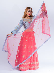 Silk Punch Pink With Lava Grey Embroidered Lehenga Set