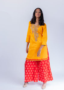 Cotton Silk Embroidered Amber Yellow Palazzo Salwar Kameez