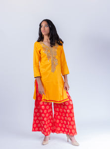Cotton Silk Embroidered Amber Yellow Palazzo Salwar Kameez