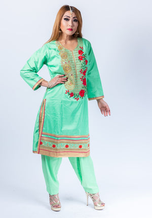 Silk Jade Green With Chili Red Roses Embroidered Salwar Kameez