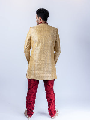 Silk Brocade Asymmetric Mellow Gold Embroidered Sherwani / Jacket