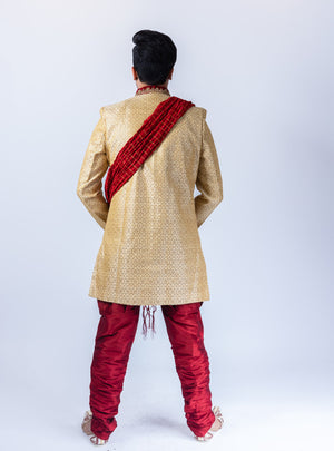 Silk Brocade Asymmetric Mellow Gold Embroidered Sherwani / Jacket