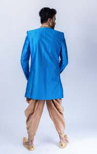 Silk Brocade Asymmetric Deep Sky Blue Embroidered Medium Long Sherwani / Jacket