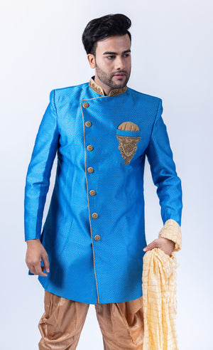 Silk Brocade Asymmetric Deep Sky Blue Embroidered Medium Long Sherwani / Jacket