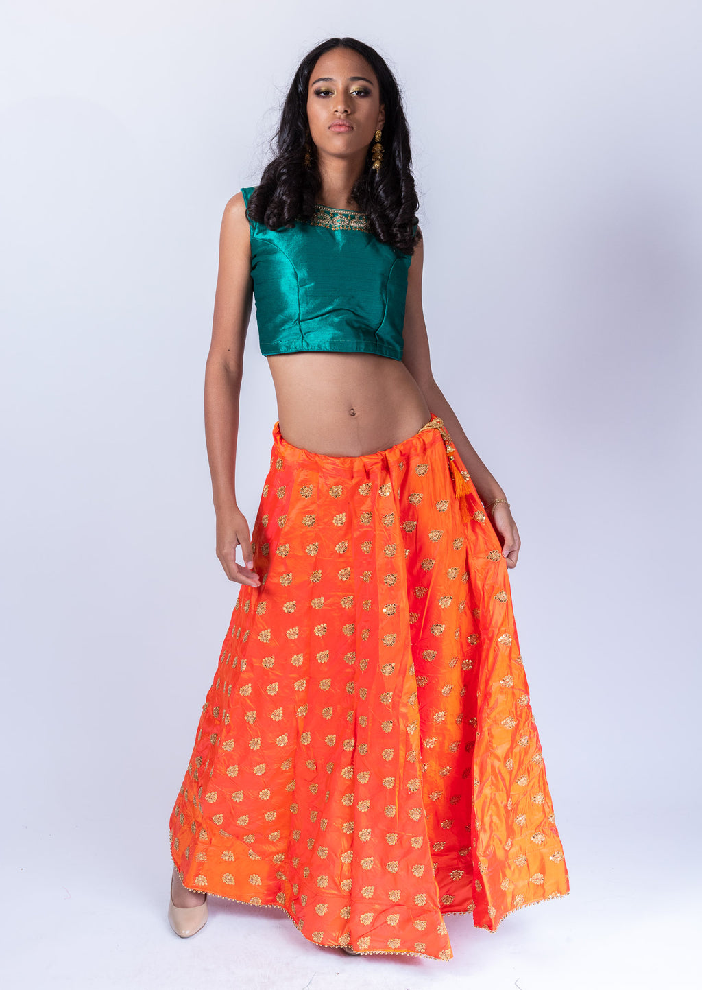 Fancy Silk Tiger Orange Embroidered Lehenga Skirt