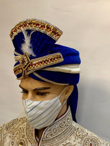 Unisex Designer White With Green & Blue Striped Cotton Cloth Face Masks