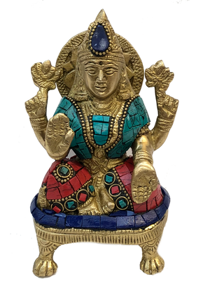 Brass Laxmi Turquoise and Coral Mosaic Statue