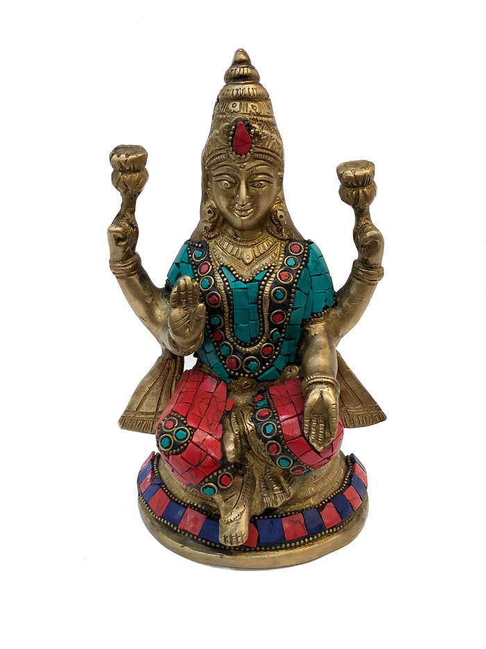 Brass Laxmi Turquoise and Coral Mosaic Statue