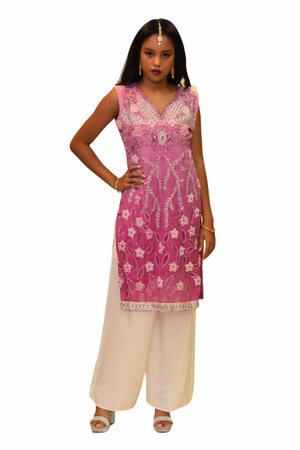 Silk Two Toned Taffy Pink Embroidered Kurti