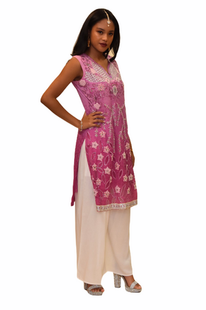 Silk Two Toned Taffy Pink Embroidered Kurti