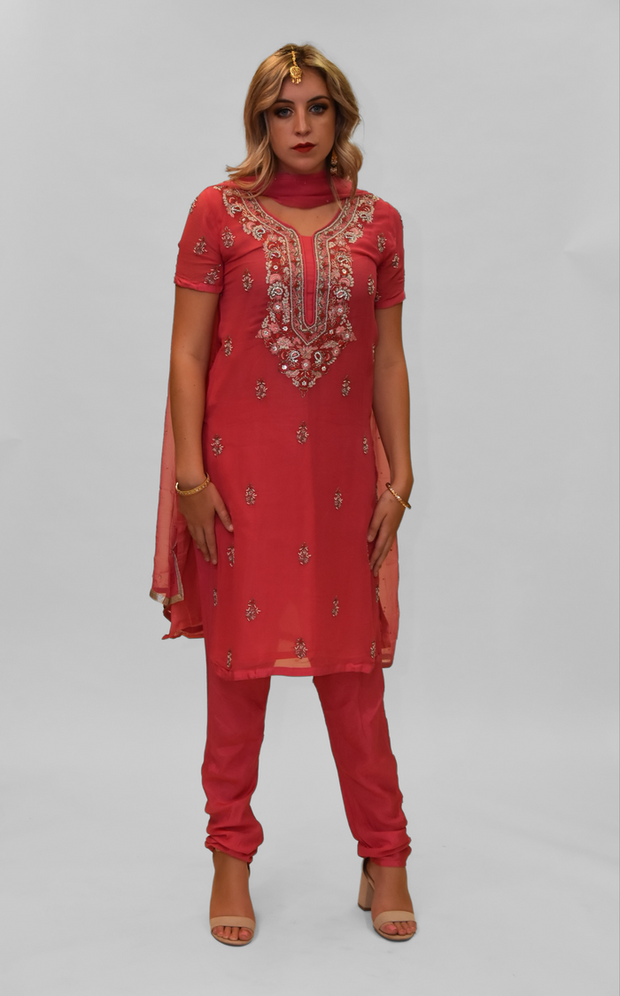 Silk Georgette Punch Pink Embroidered Salwar Kameez
