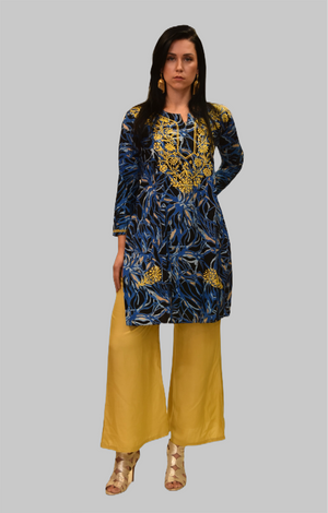 Cotton Printed Crow Black With Yale Blue Embroidered Tunic