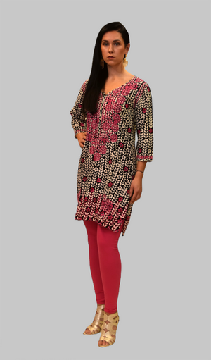 Cotton Black And White With Cerise Pink Embroidered Flowers Kurti