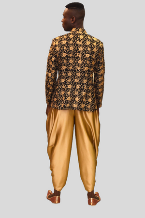 Silk Coal Black With Gold Embroidered Short Jacket / Bandhgala