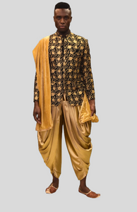Silk Coal Black With Gold Embroidered Short Jacket / Bandhgala