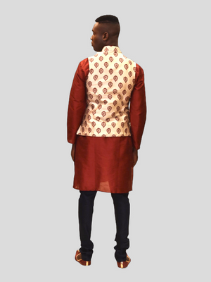 Silk Eggnog White With Maroon Red Leaves Printed Modi Vest