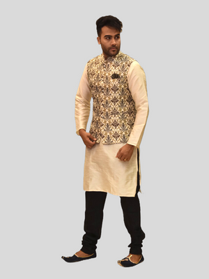 Silk Brocade Mocha Brown And French Gold Printed Modi Vest
