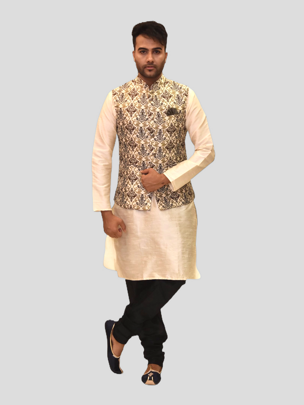 Silk Brocade Mocha Brown And French Gold Printed Modi Vest