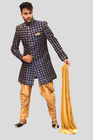 Silk Royal Blue Heavy Embroidered Sherwani  / Jacket