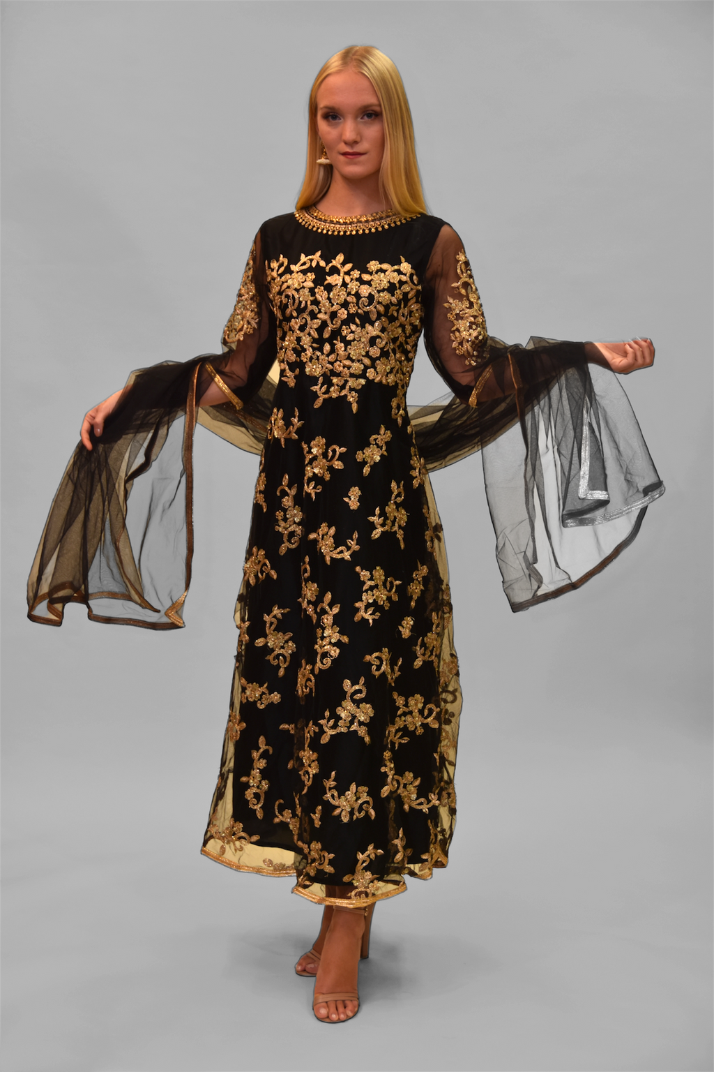 Silk Ink Black Embroidered Gown