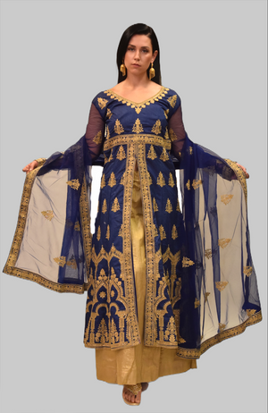 Embroidered Silk Yale Blue Split Top With Tuscan Gold Skirt Anarkali Split Lehenga